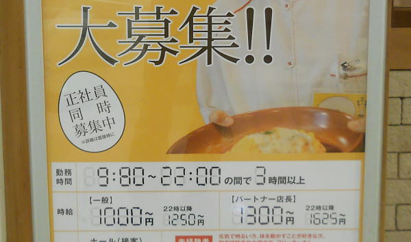 三大都市圏のバイト募集時給